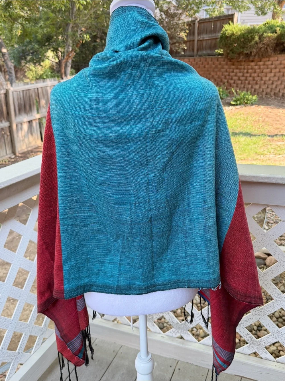 Teal Burgundy shawl Color Block Tassels Art to Wear Woven 64.5x28.5” long & Wide